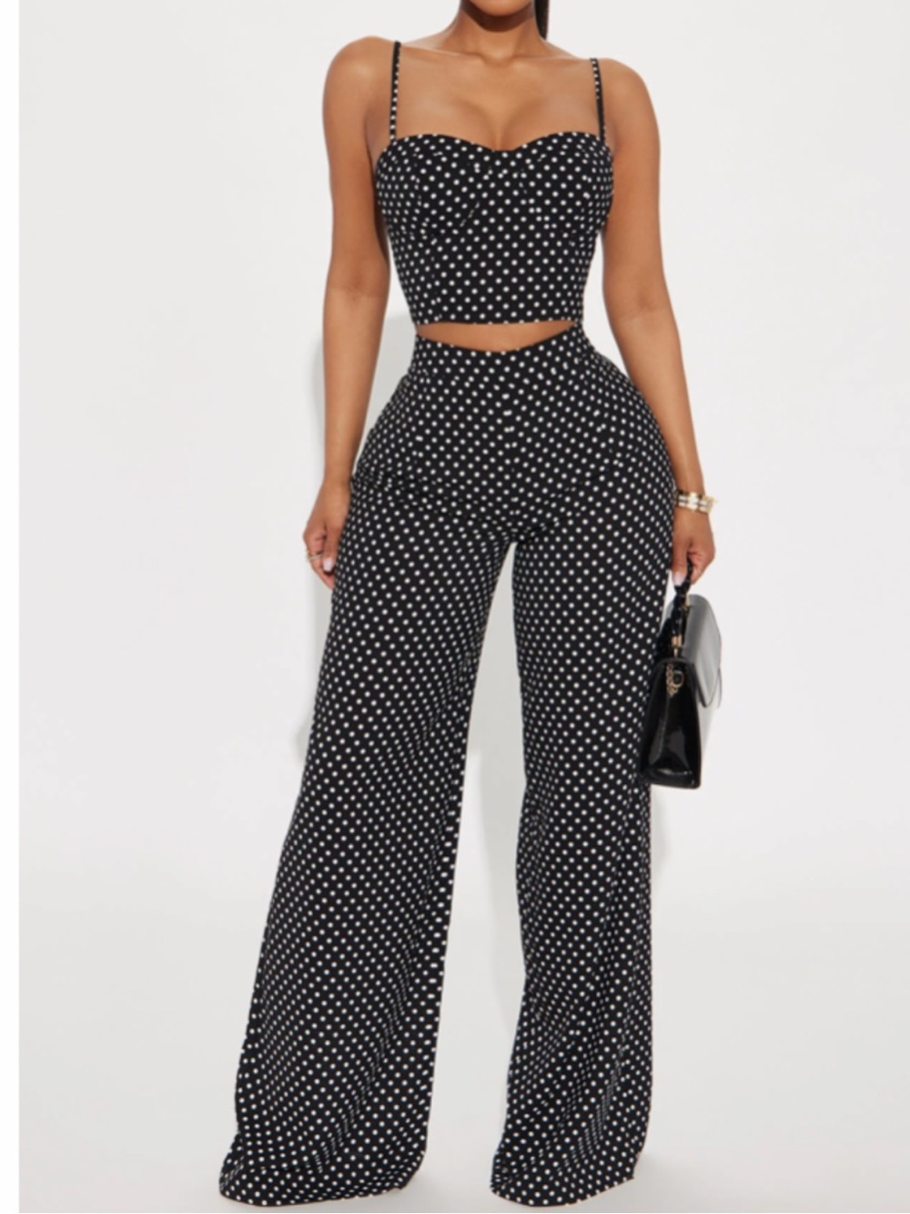 Polka Dot High-Waist Wide-Leg Pants & Crop Top Set - Black